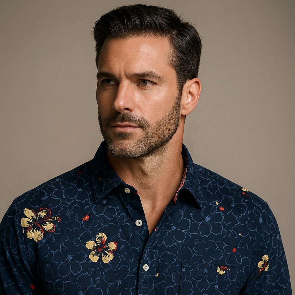 Tommy Bahama Navy Floral Button-Down Shirt – Cotton/Silk Blend – Size XL